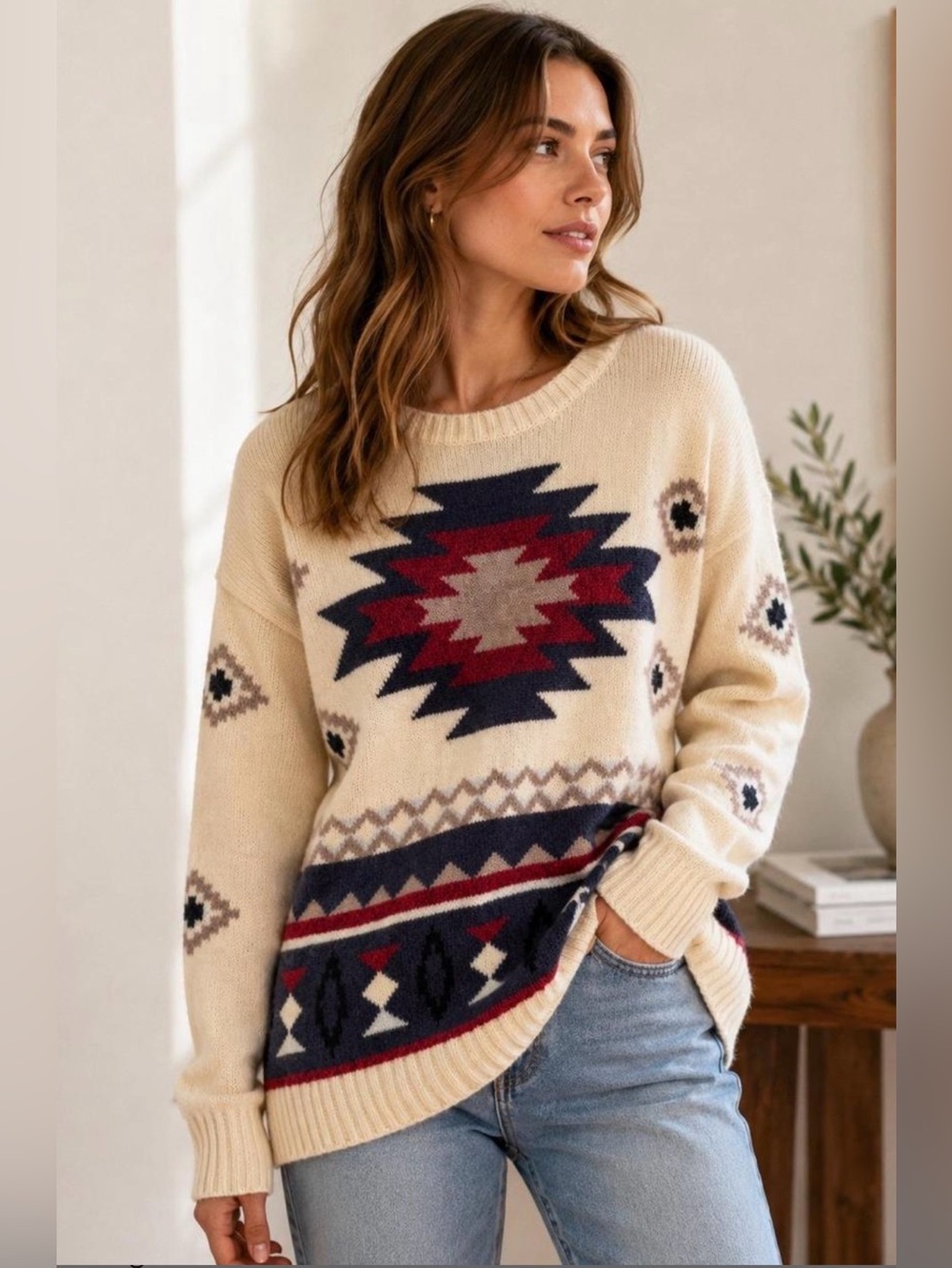 American Eagle Sweater Medium Cream American Eagle Aztec Sweater Western Sweater